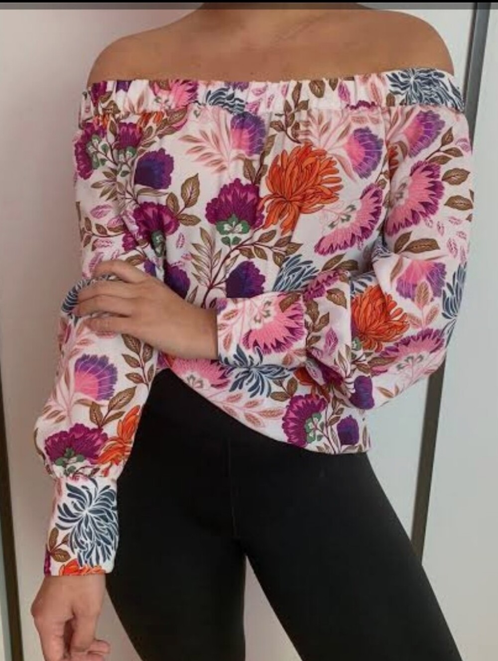 Off-Shoulder Floral Blouse - Pink & Purple